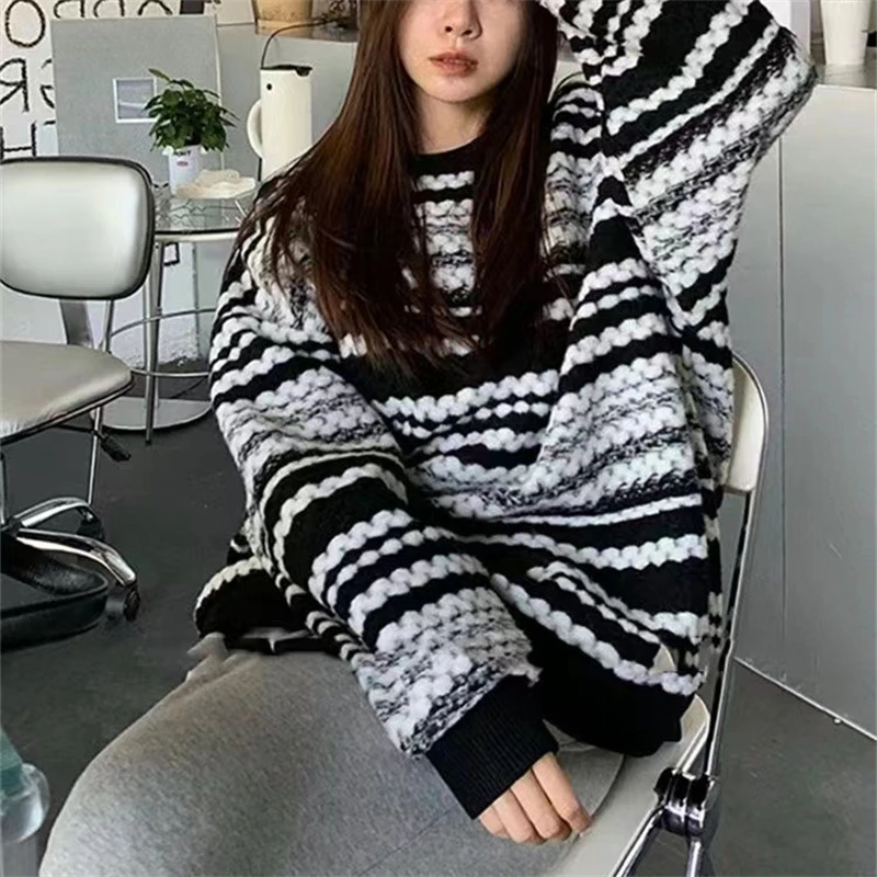 黑白条纹毛衣女2024春秋新款宽松慵懒风套头针织长袖气质上衣女裝