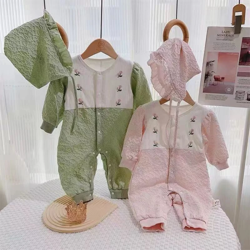 0174春秋婴幼儿宝宝双层长袖刺绣玫瑰儿童节外出连帽长爬连体衣