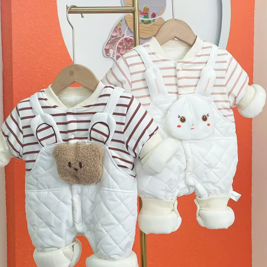 0216假两件连体条纹拼接200克棉婴幼儿男女宝宝薄夹棉连体爬爬服