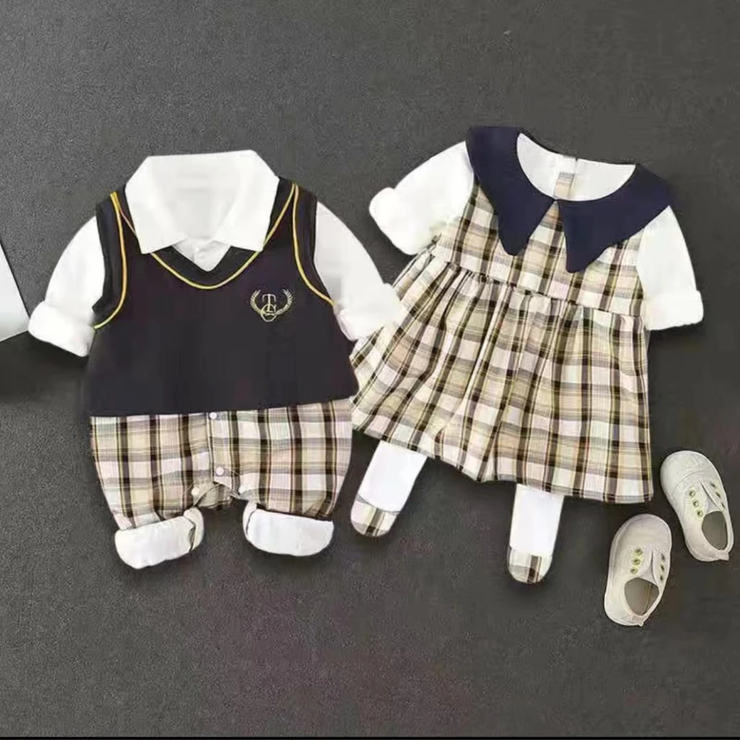 0025《粉丝专享》姐弟装婴幼儿格子春秋假两件格子双层男女宝学院风