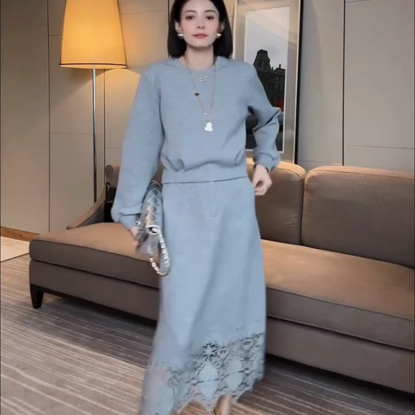 卫衣裙大码套装女显瘦气质中长裙休闲时尚百搭秋季长袖蕾丝两件套