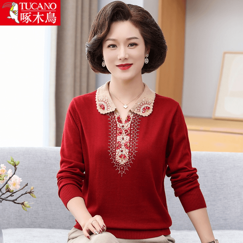 本命年妈妈装红色毛衣秋装中老年打底衫女老人奶奶羊毛衫洋气秋冬