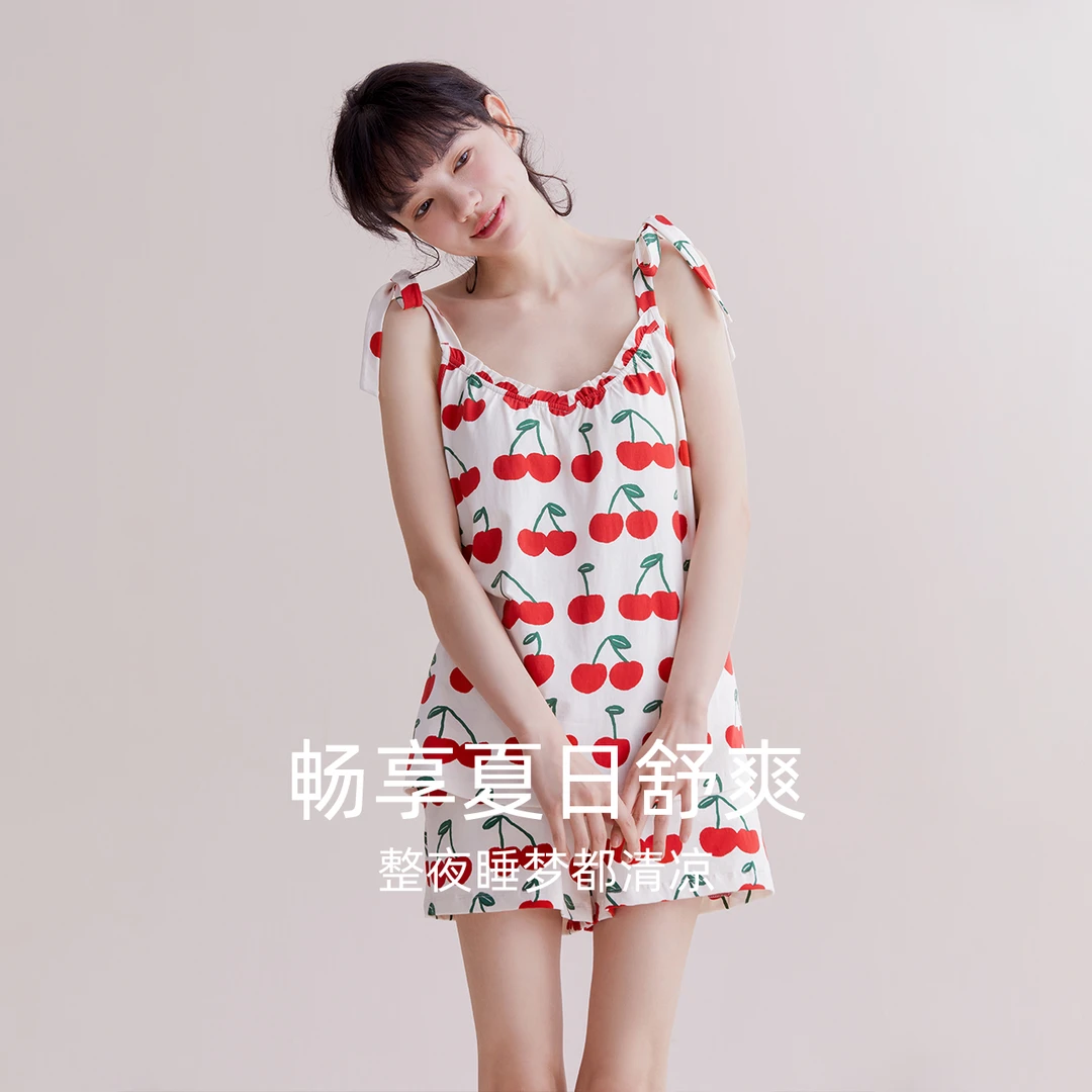 Hodo/红豆樱桃可爱带胸垫女棉质莫代尔吊带薄款凉感抑菌印花睡衣