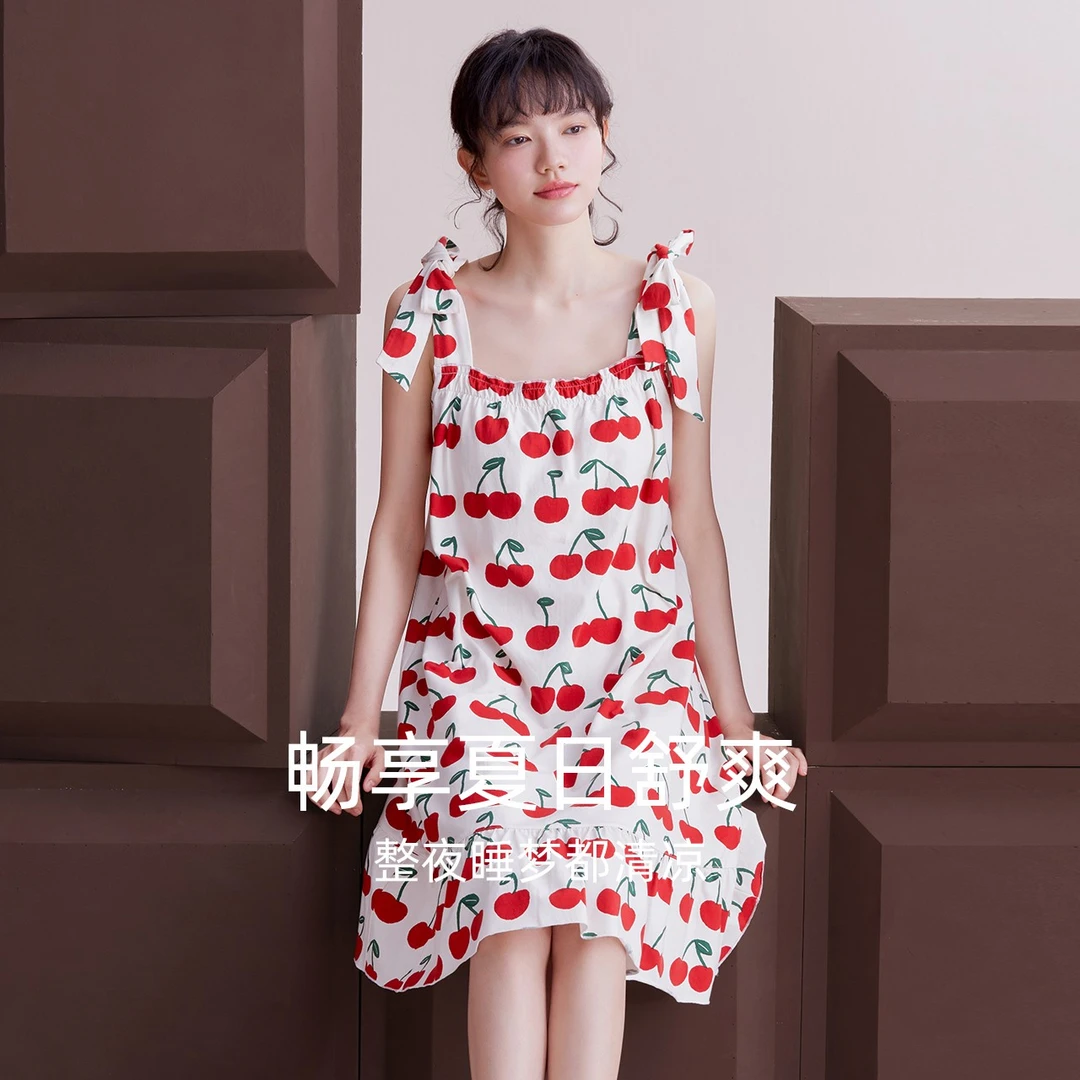 Hodo/红豆樱桃可爱带胸垫女棉质莫代尔吊带薄款凉感抑菌印花睡衣