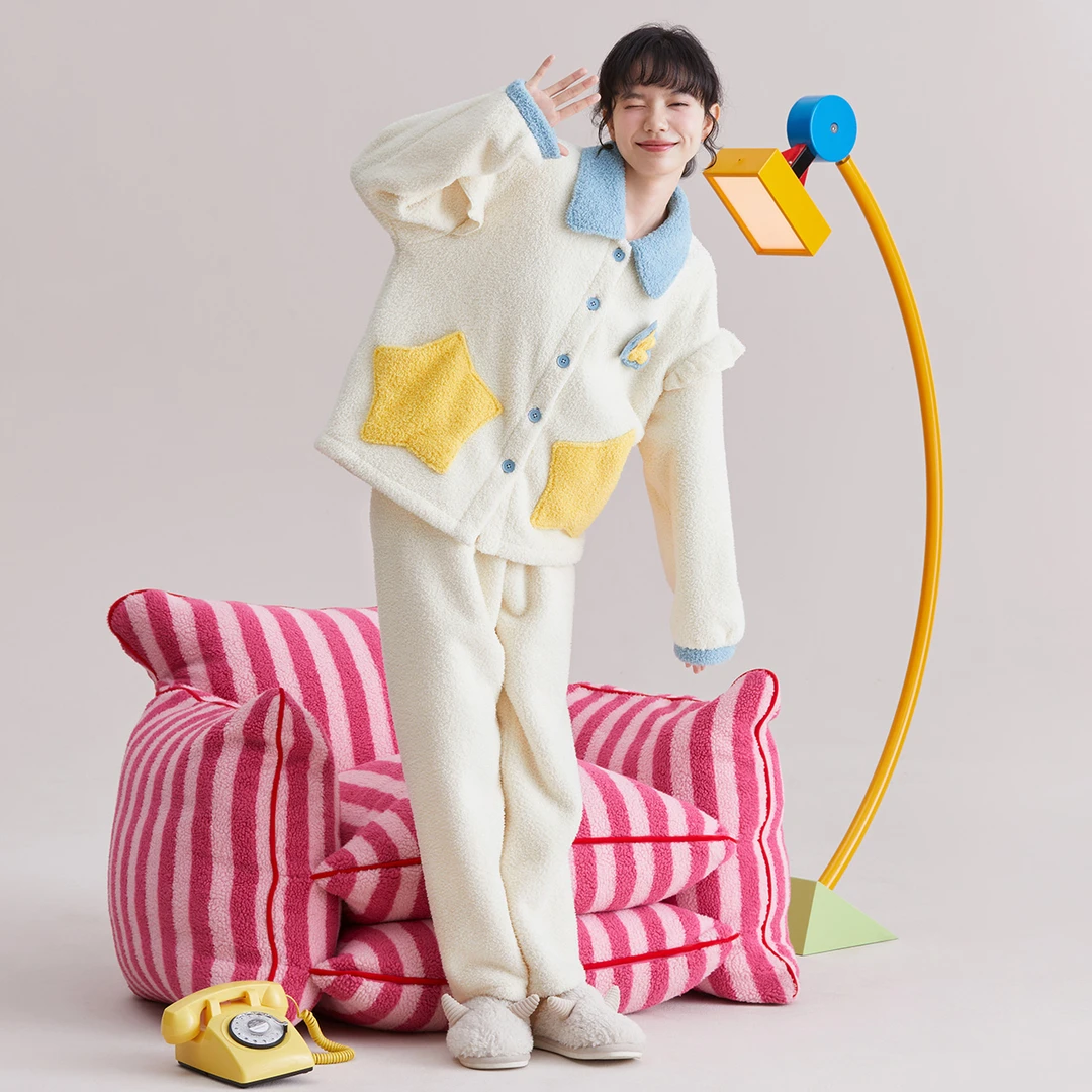 红豆睡衣女桂花绒加厚可爱少女珊瑚绒法兰绒可外穿保暖家居服套11
