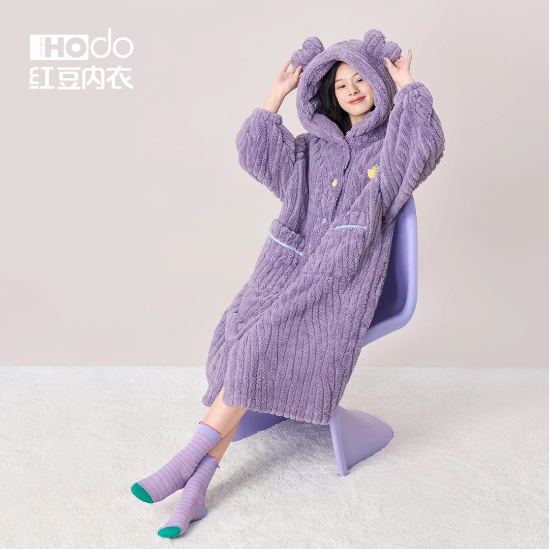 红豆睡袍女士冬季珊瑚绒连帽睡衣长款加厚保暖毛绒家居服睡裙11