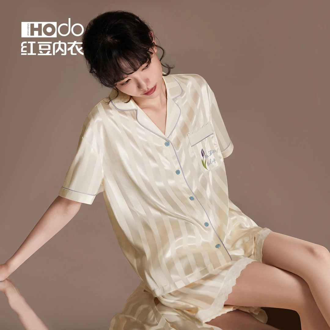 红豆【冰丝凉感】睡衣女短袖高级感居家服夏季宽松薄款简约翻领11