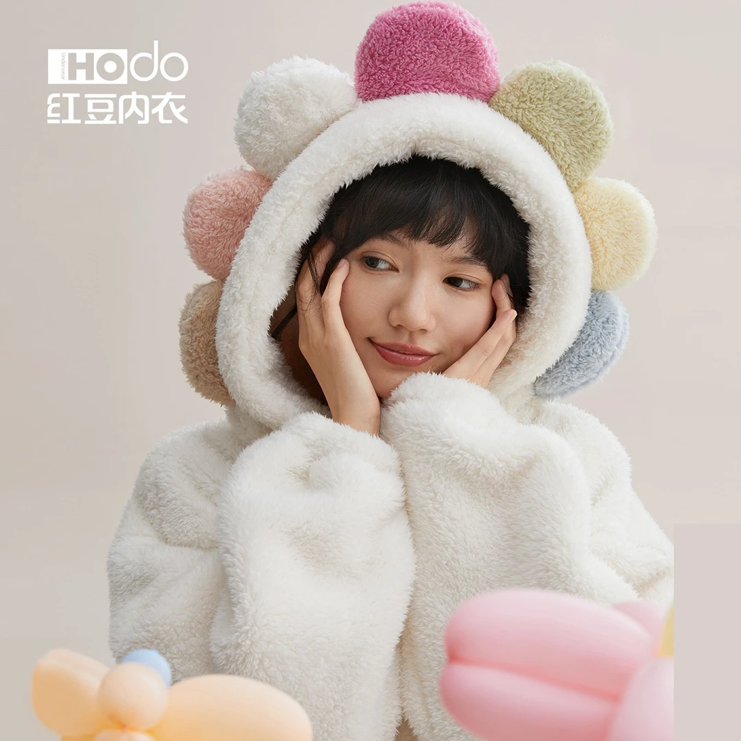 Hodo/红豆可爱连帽睡袍女士珊瑚绒睡衣可外穿冬保暖家居服冬季