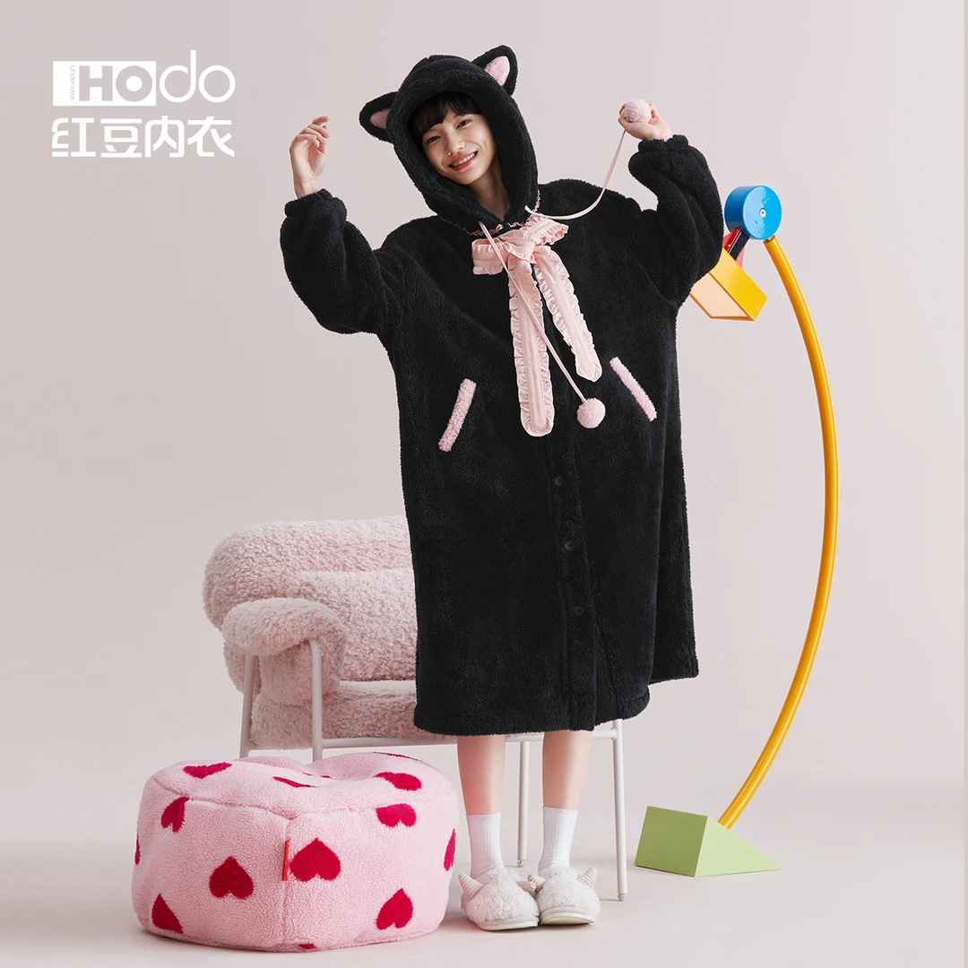 红豆【猫系少女取暖自由】睡袍带帽珊瑚绒保暖可爱秋冬季浴袍长款11