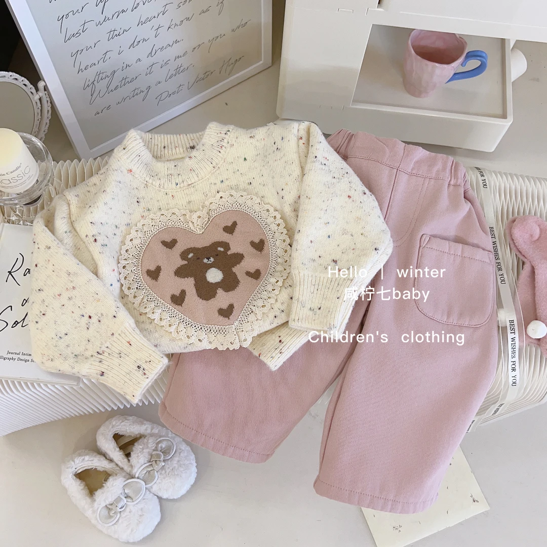 女童加绒毛衣宝宝爱心一体绒加厚针织打底衫儿童冬季保暖