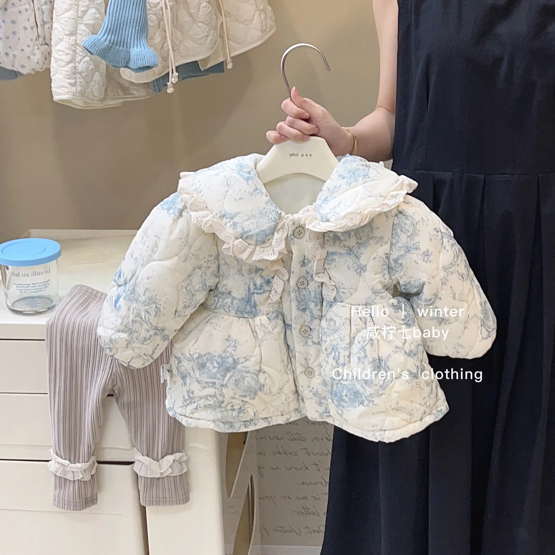 韩系女童衣服秋冬装公主女宝宝保暖夹棉外套洋气蕾丝小童棉服加厚