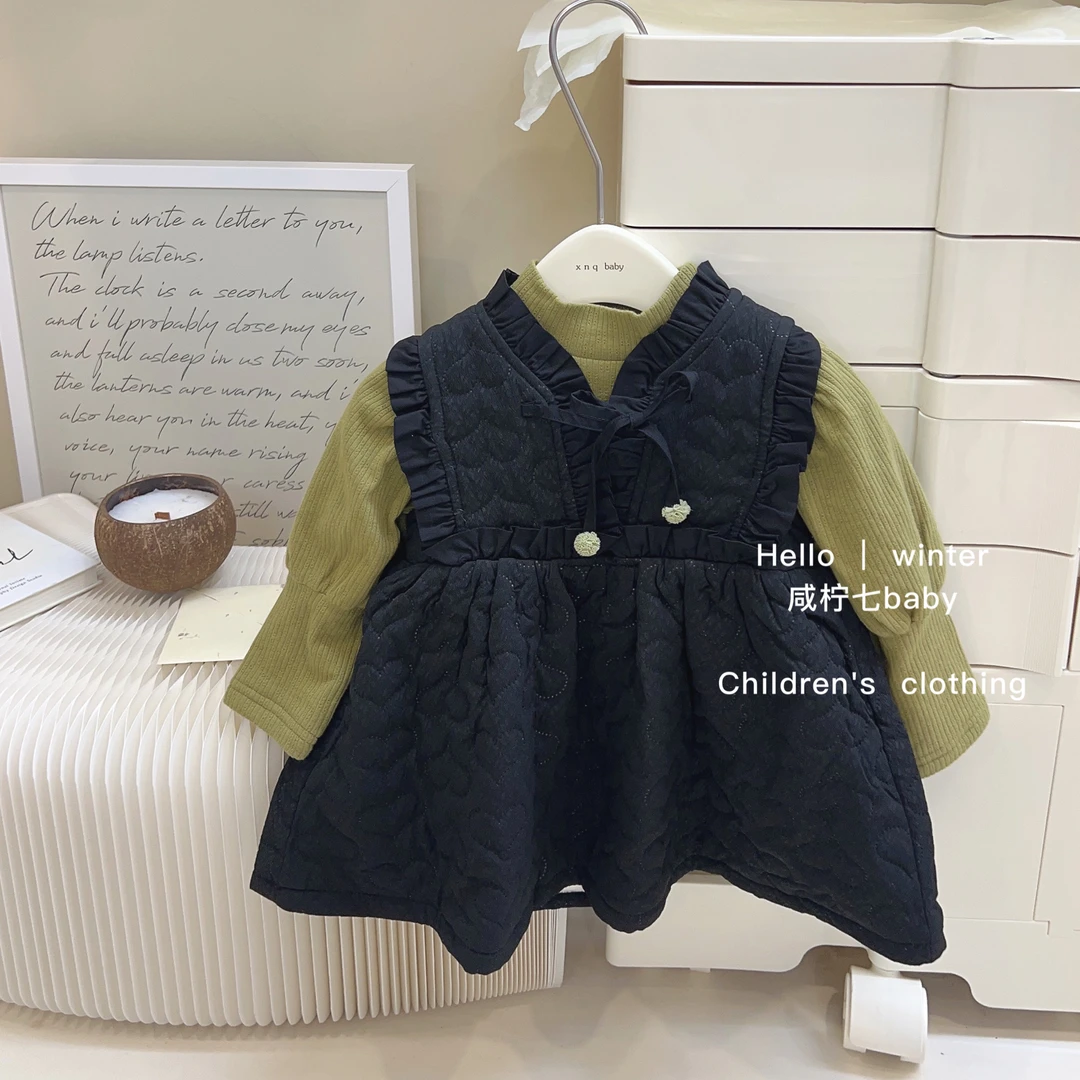 女童套装秋冬装2023新款洋气儿童加绒连衣裙女宝宝公主两件套冬季