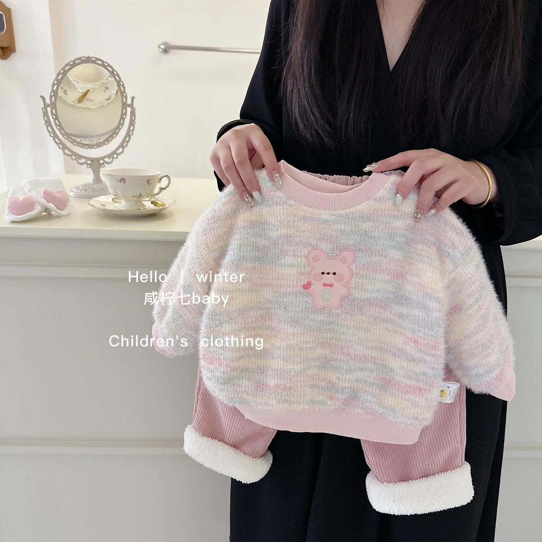女童套装冬装2023新款洋气时髦婴儿衣服宝宝加绒卫衣两件套潮冬季