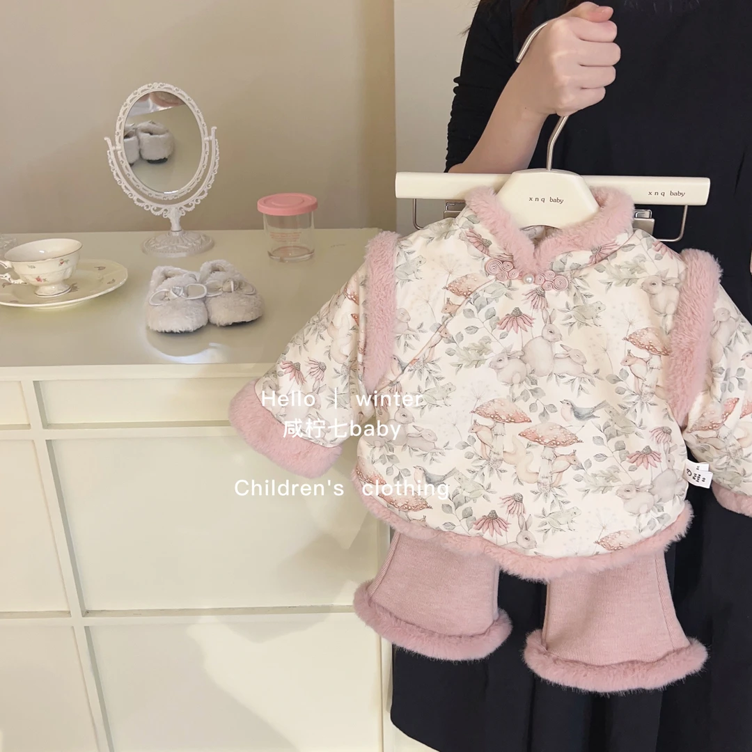 【现现】女童套装冬装洋气儿童衣服加绒周岁礼服过年拜年汉服两件套