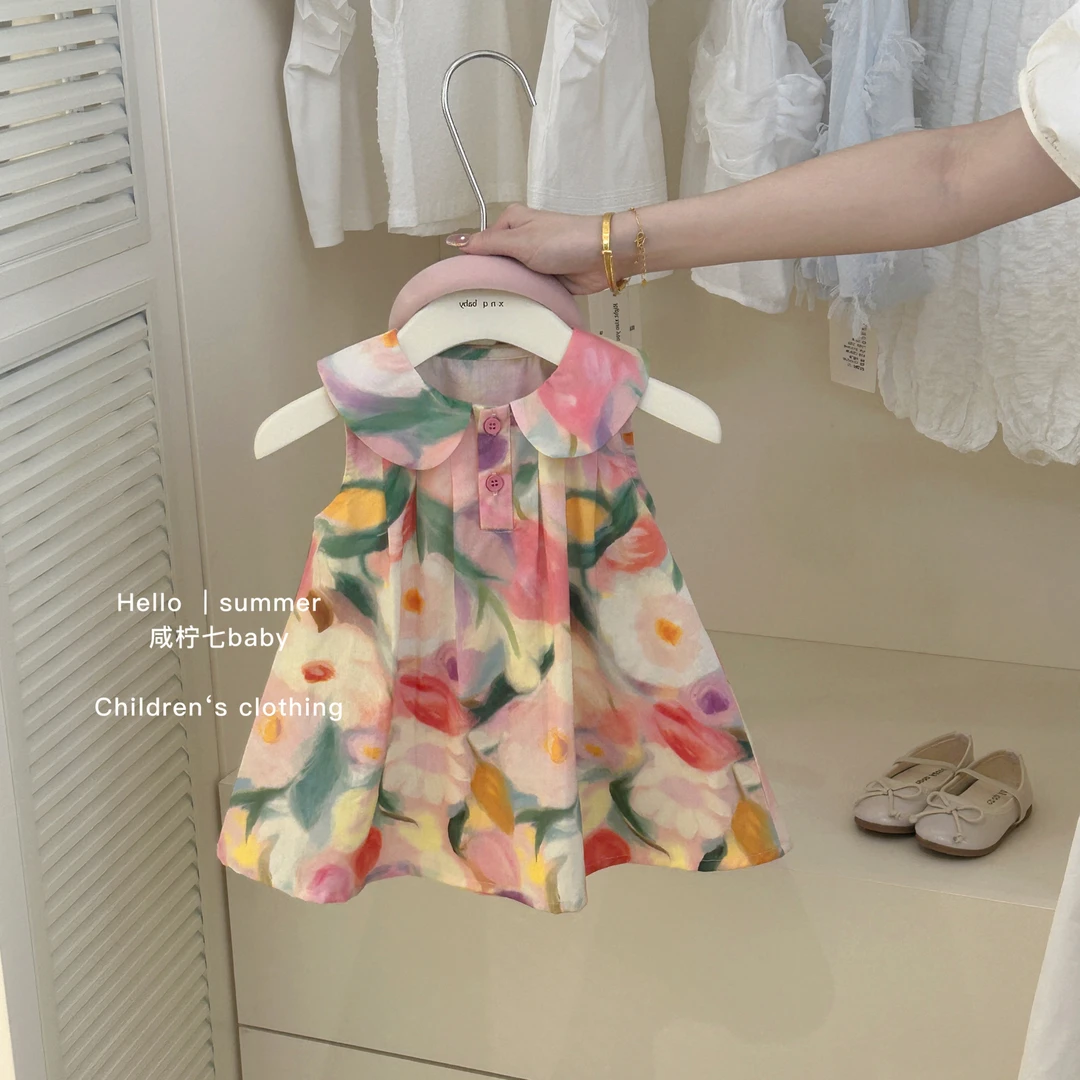 【现现】女童连衣裙夏装新款洋气儿童背心裙女孩棉布碎花油画公主裙
