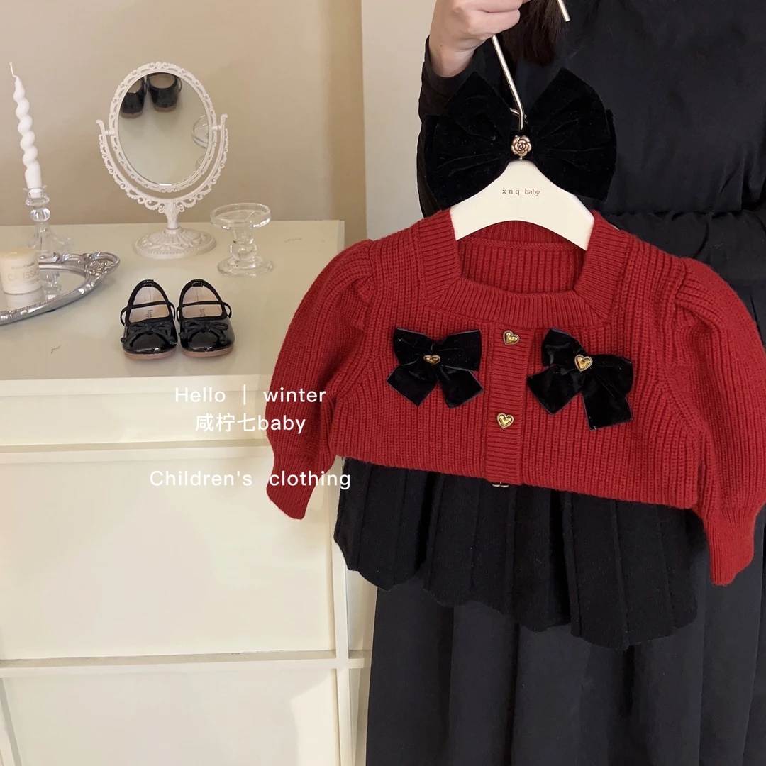 女童加厚毛衣套装秋冬款宝宝红色蝴蝶结针织开衫儿童圣诞新年服