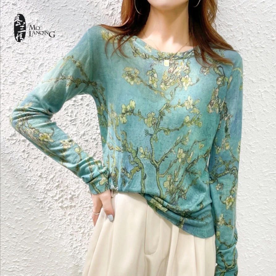 【杏花】梵高系时尚百搭圆领显瘦女上衣长袖针织衫1905