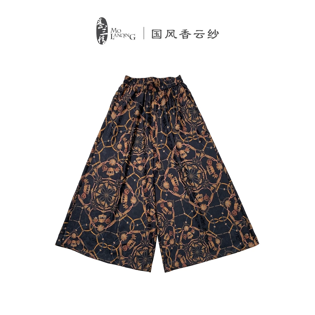 【罗马假日】香云纱国风复古松紧腰宽松百搭长裤女裤阔腿裤裙2433