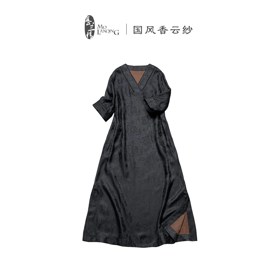 香云纱提花黑色新中式国风复古宽松透气v领夏季a字长款连衣裙1425