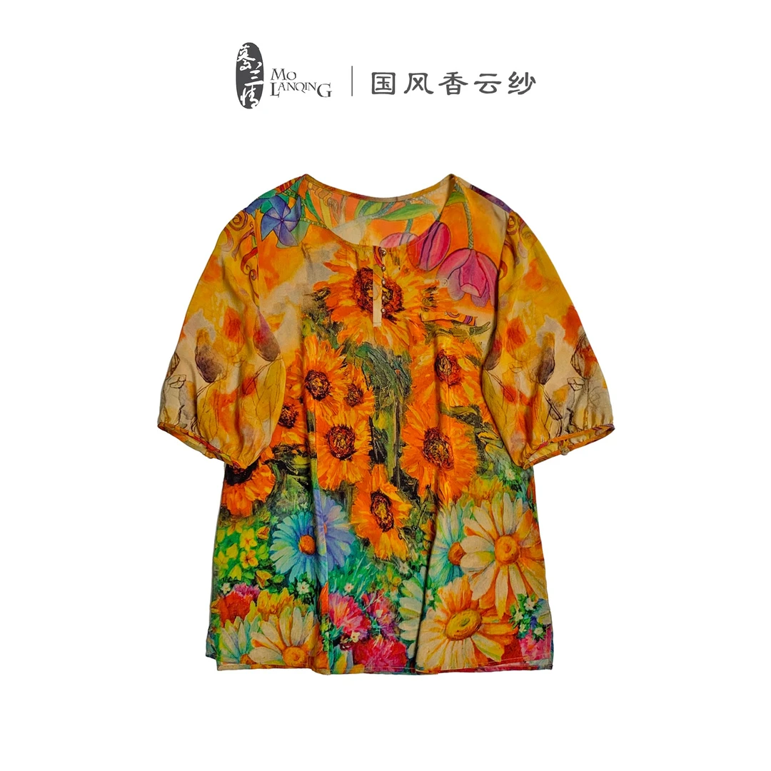 【抽象艺术】新中式宽松印花时尚复古夏季清凉女士花色上衣6006