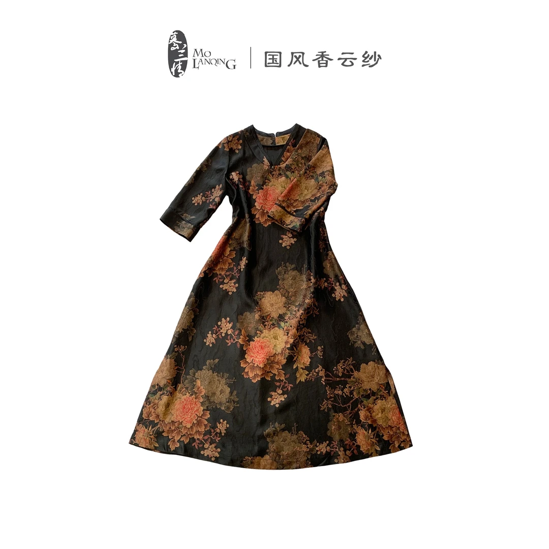 香云纱提花休闲时尚优雅气质中式国风复古夏季a字长裙连衣裙6732