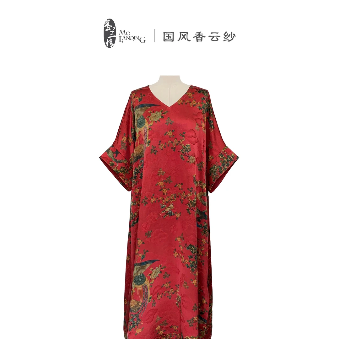 【凤凰与飞】香云纱重磅新中式国风复古宽松印花长款连衣裙1359