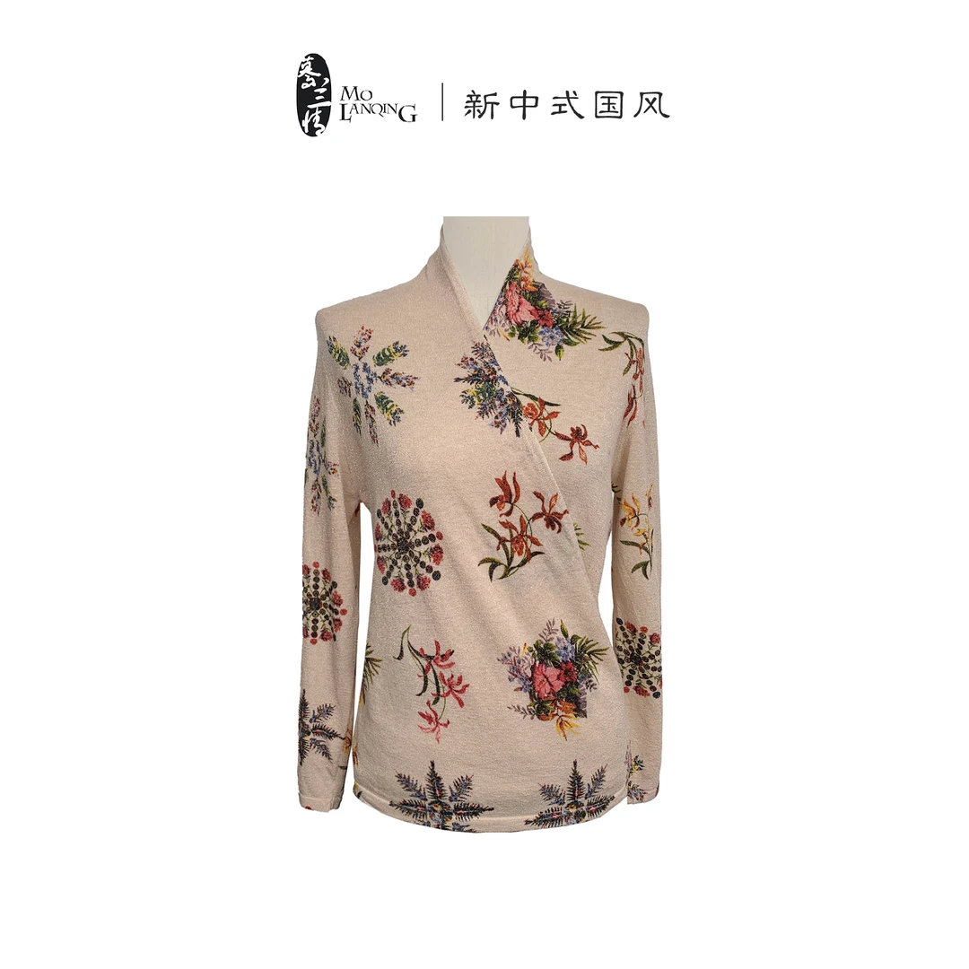 【丽斐-V领】简约时尚长袖针织衫宽松百搭印花针织打底衫sj019