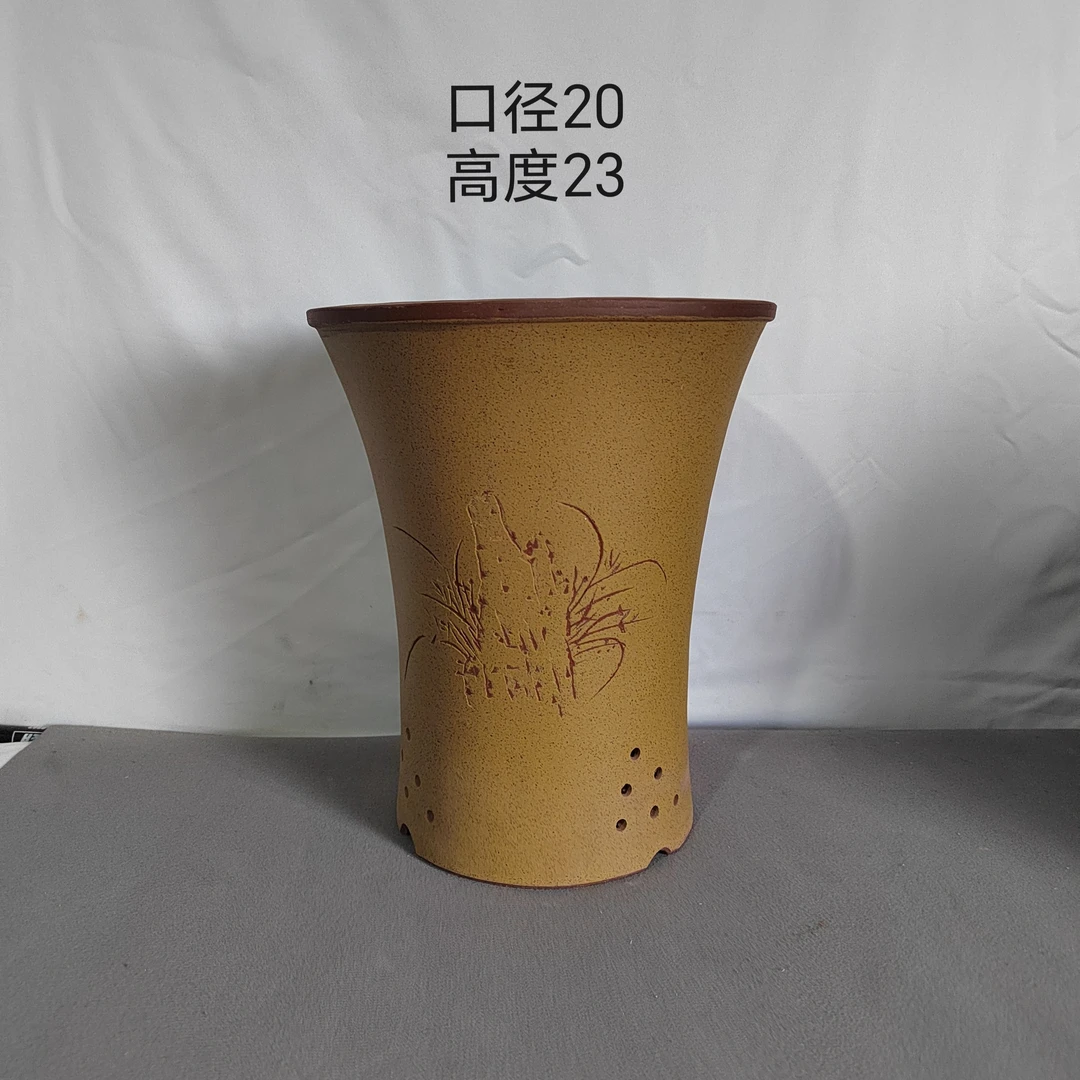 一口价宜兴紫砂清水泥粉浆手工刻绘束腰兰花盆