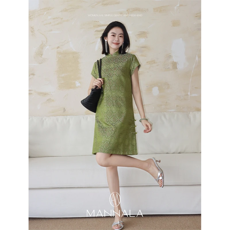 MANNALA丨“青山如黛”宝相花异色镂空宋锦短款连衣裙 Q8067