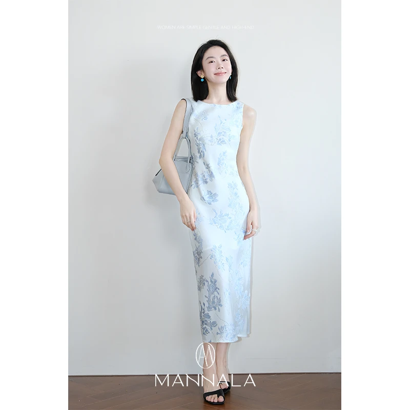 MANNALA丨“枝枝兰花”19.5mm桑蚕丝人丝桑波绉6A真丝连衣裙Q8109