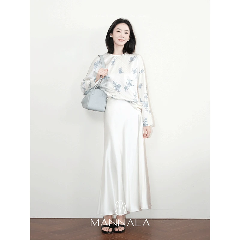 MANNALA丨“光之舞”6A级桑蚕丝印花石榴花长袖秋季衬衫 Q2356