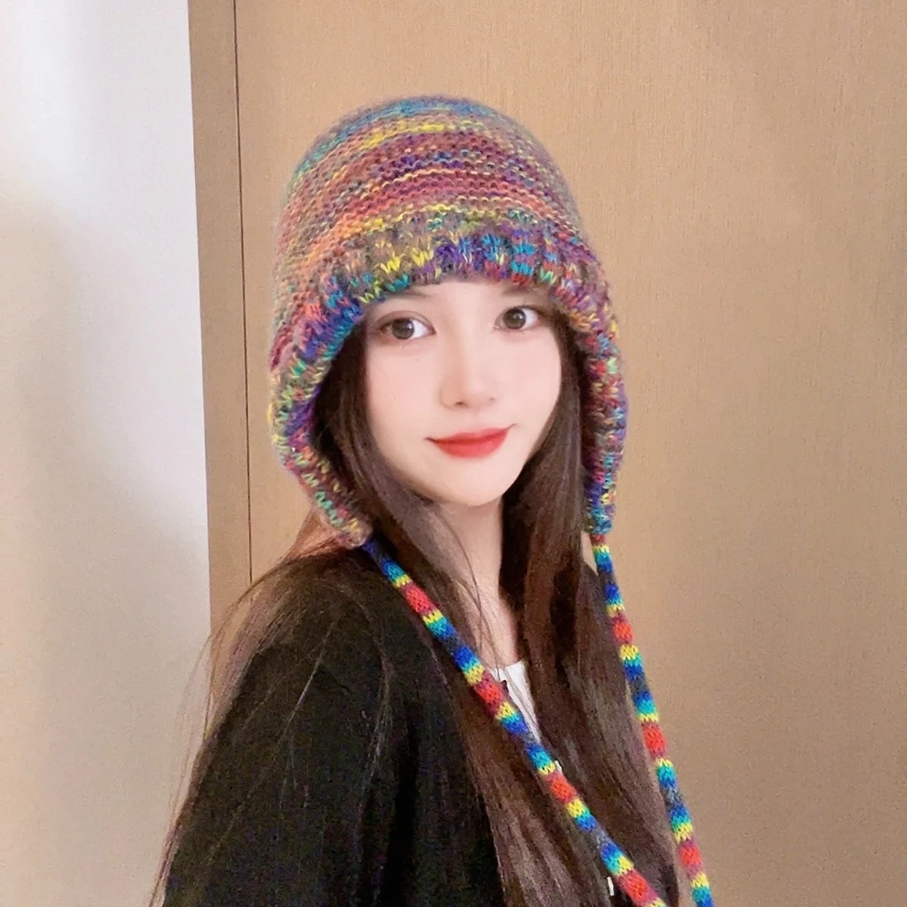 甜美保暖针织绑带彩虹帽子女款2023新款秋冬季护耳套头帽雷锋帽潮
