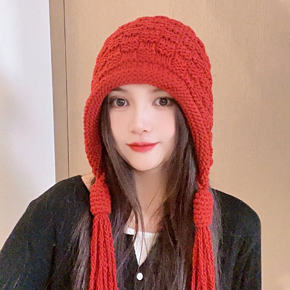 秋冬流苏毛线帽花朵包头护耳帽女吊坠百搭针织帽优雅手工保暖亲子