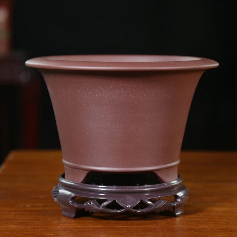 神力紫砂兰花盆紫茄泥光板素面全手工仿古斗笠绿植兰花盆栽盆景盆