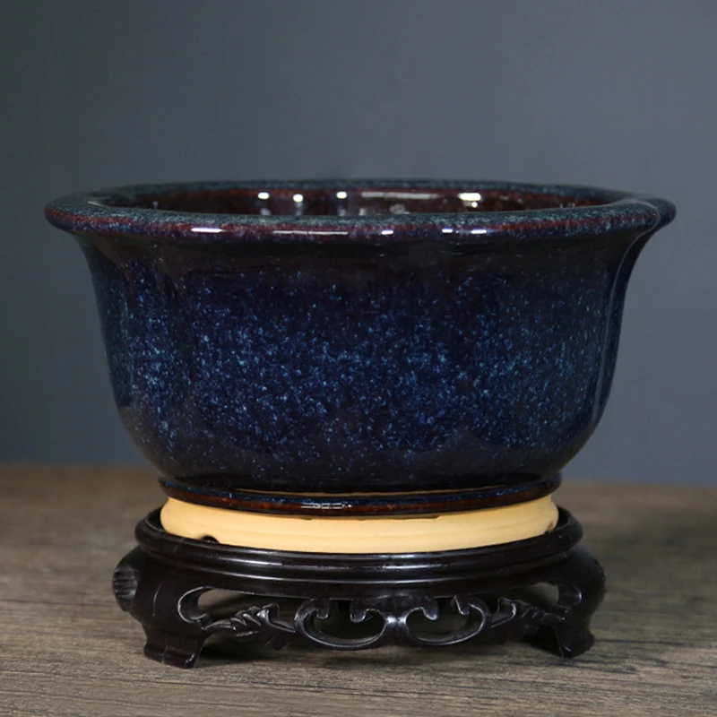 神力大口径雪花釉葵式陶瓷花盆室内老桩松柏盆景桌面古典绿植花盆