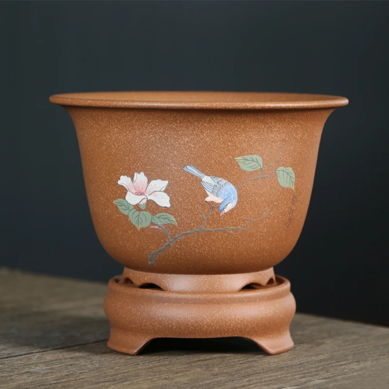 精品圆口金钟紫砂盆景花盆兰花盆透气中号桌面古典泥绘带托仿古盆