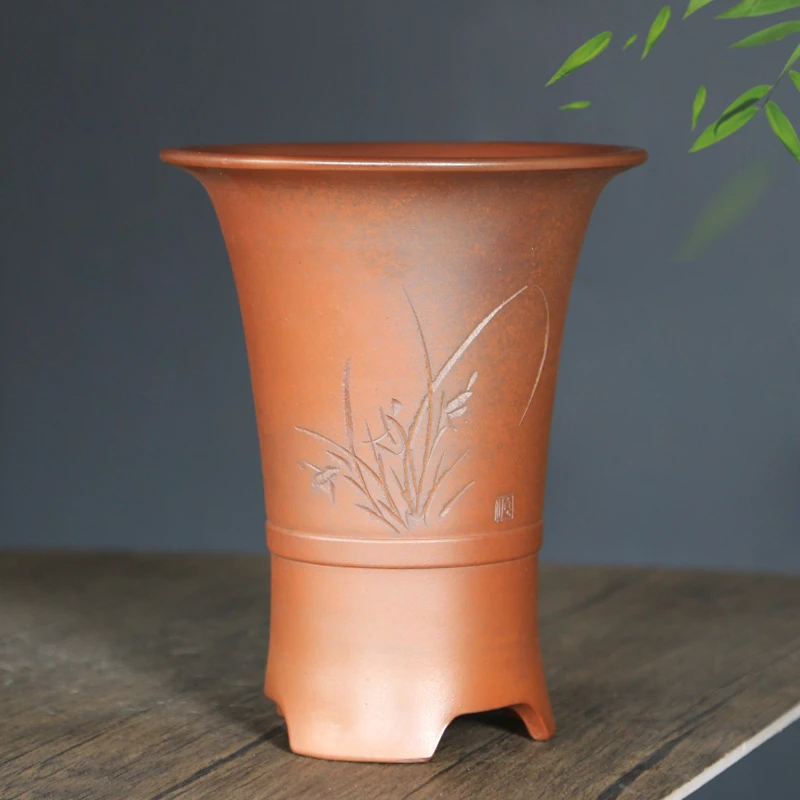 宜兴紫砂花盆复古漂口束腰段泥柴烧梅兰竹菊大富贵春兰专用兰花盆