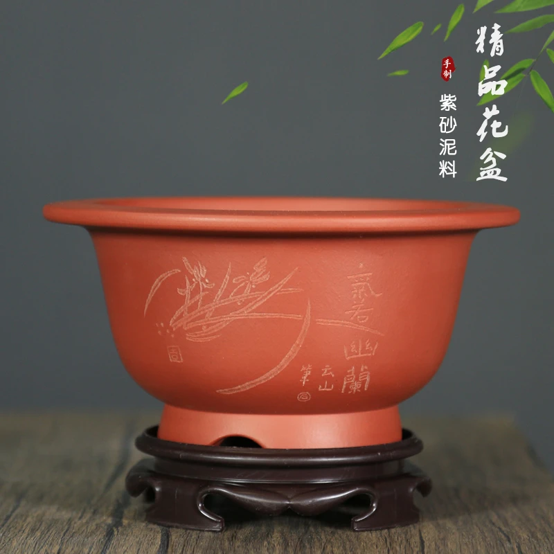 宜兴紫砂盆红清水泥手工圆形盆景盆小型古典兰盆内门朱松柏桌面盆