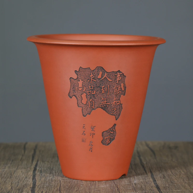 宜兴紫砂花盆神力古典刻绘斗笠圆形透气春兰建兰花盆景通用花盆