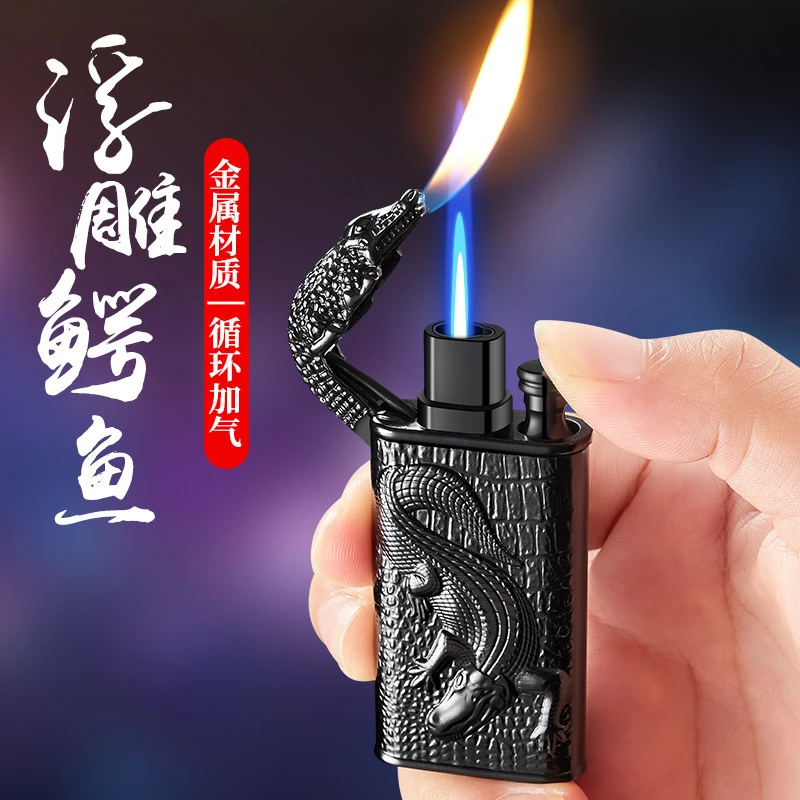 新款双火充气打火机金属立体浮雕直冲转换明火点烟器