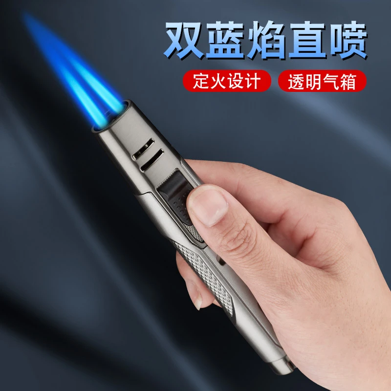 户外双直冲蓝焰打火机防风充气全金属个性电子点火器笔式焊枪