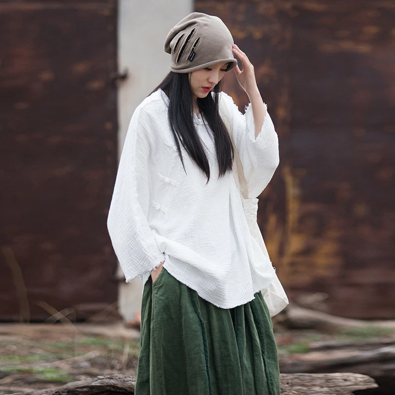 双层棉砂洗磨毛复古衬衫女中式斜襟盘扣上衣宽松大码打坐禅修衣服