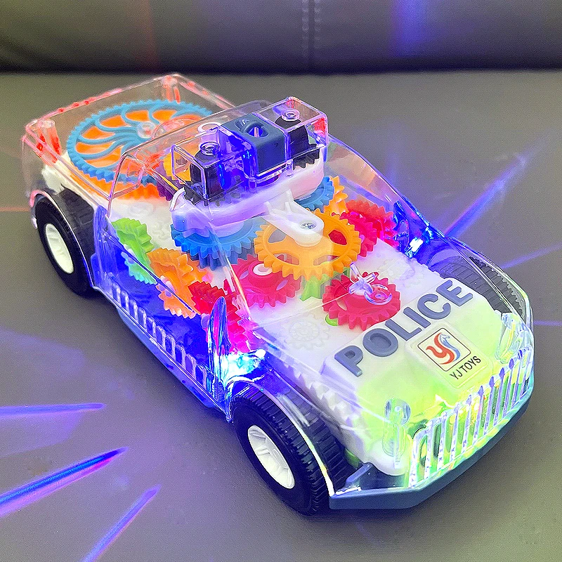 儿童电动透明炫彩齿轮警车0-6益智早教1—2岁男孩玩具车3宝宝4礼物