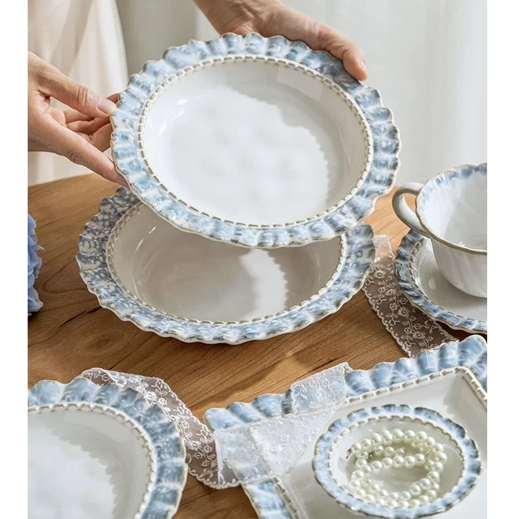 烟蓝赫本花边8.6英寸草帽碗 陶瓷餐盘菜盘水果沙拉碗甜品碗盘微瑕
