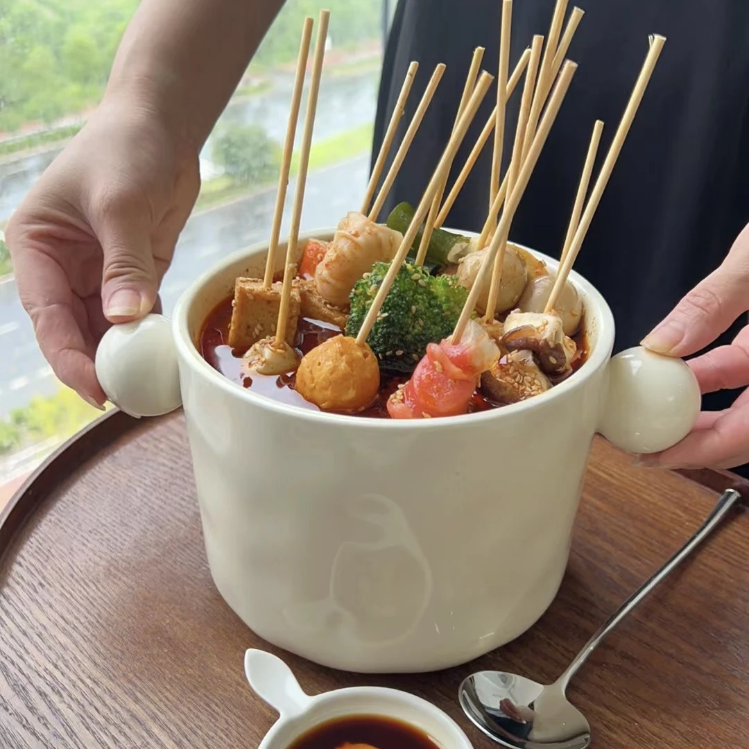 6.5英寸锤纹球球双耳碗家用钵钵鸡碗球球罐子双耳碗汤碗微瑕