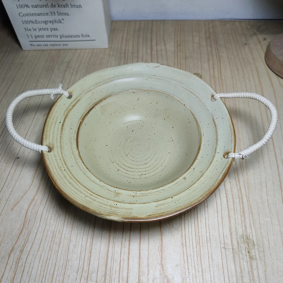 7.5英寸粗陶复古麻绳螺纹双耳碗微瑕 凑满20元包邮