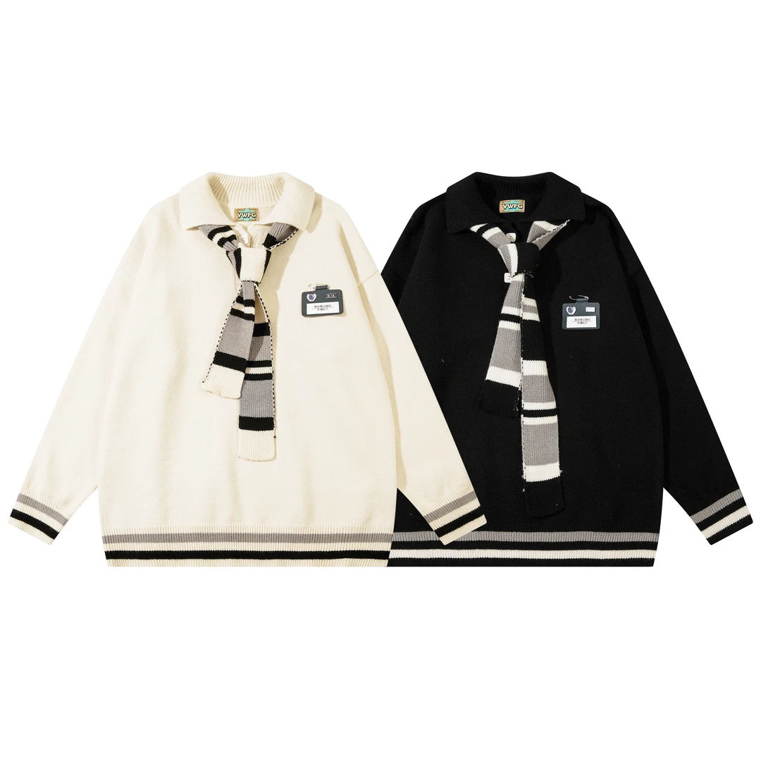 【郑晴专属】美式复古学院风围巾拼接情侣宽松针织衫HM