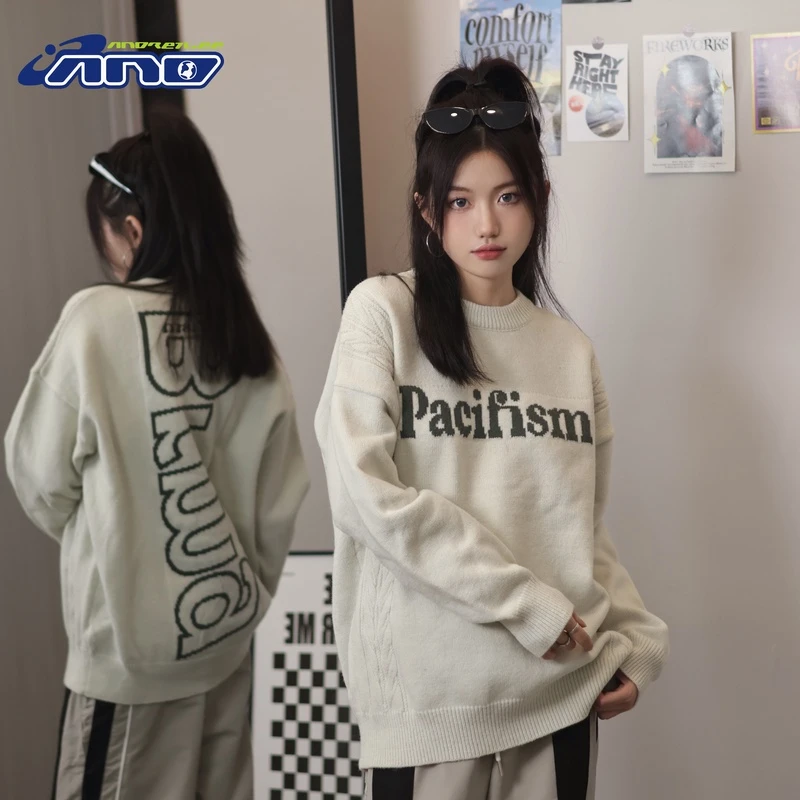 ANDREILEE原创小众中性风设计感提花圆领毛衣·日系时尚慵懒风毛衣