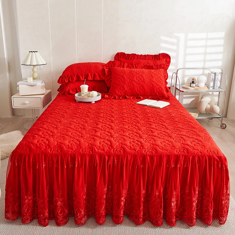 A大豆纤维夹棉加厚大红床裙韩式公主风床罩四季通用床套罩防尘
