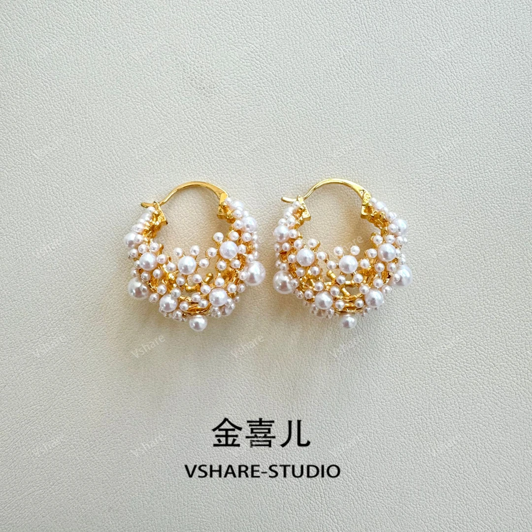 铜合金仿珍珠耳饰 【晶晶】手工轻奢气质时尚简约百搭小众耳钉